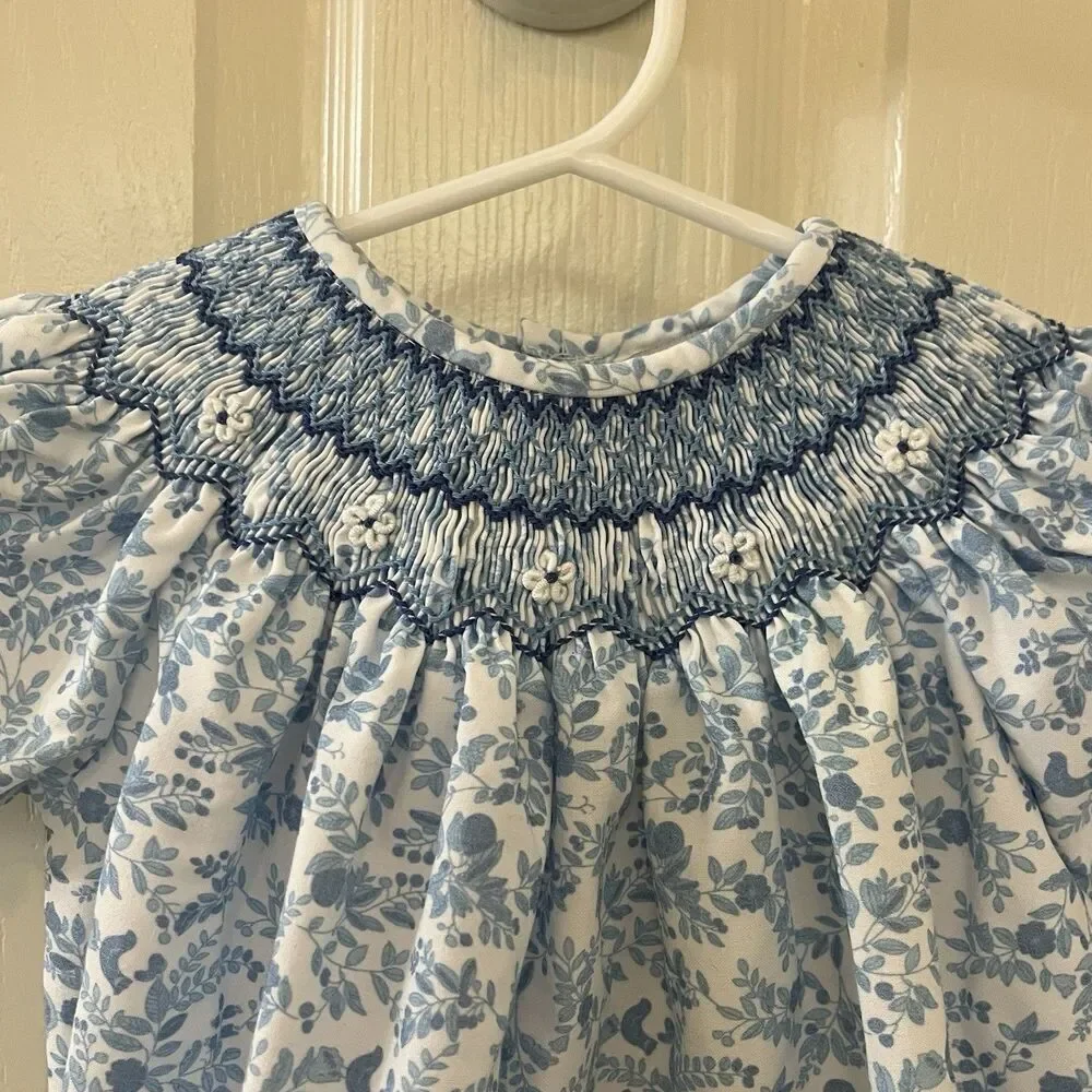 Sweet Dreams Blue Floral Birds Smocked Bubble Romper Girls Size 12 Months
